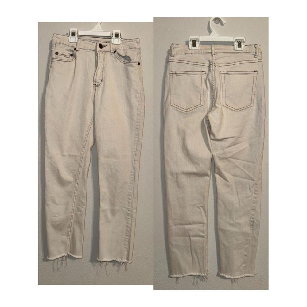 Womens Light Cream Frayed Hem Straight Leg Jeans Contrast Stitching